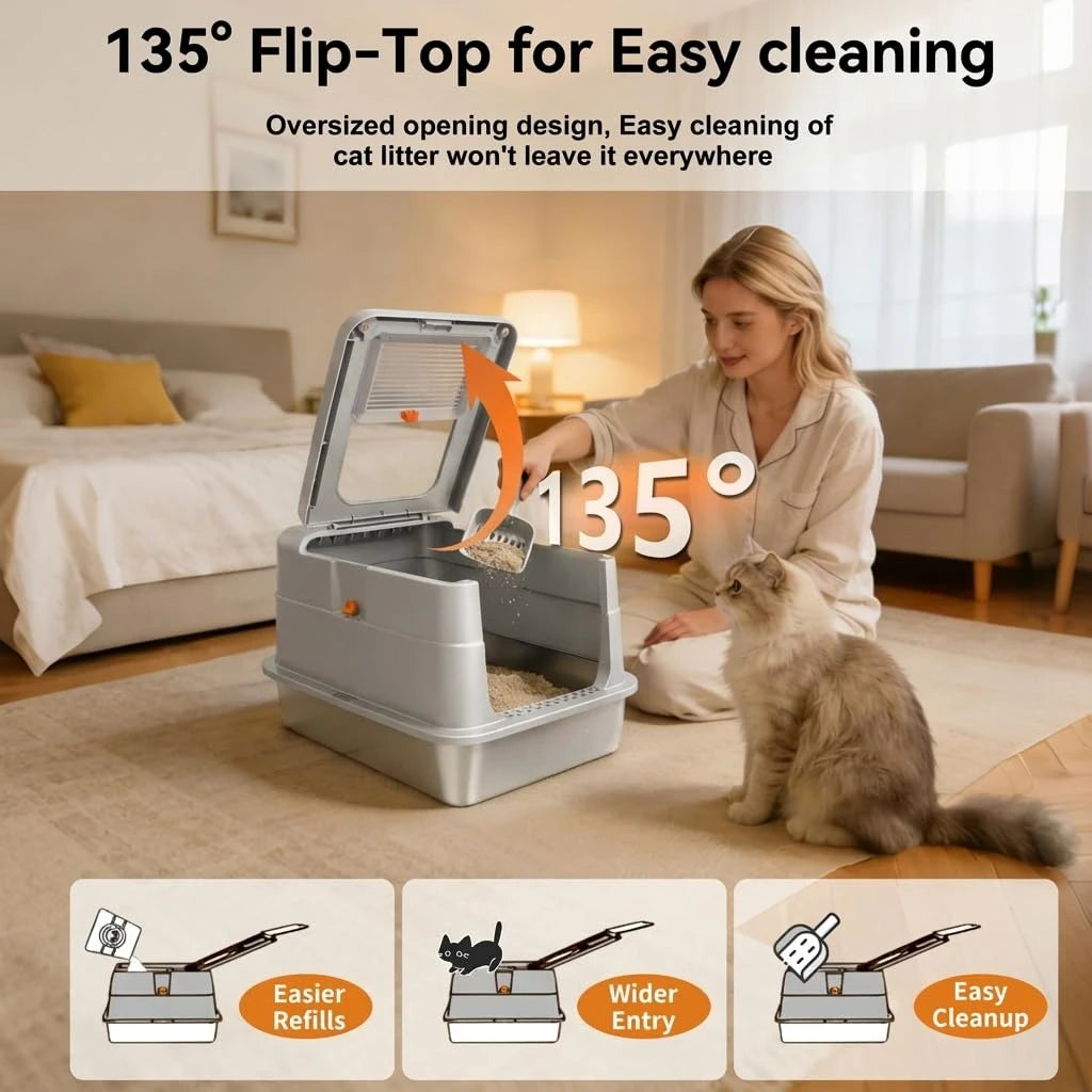Stainless Steel Cat Litter Box, Enclosed Odor Control Extra Large Metal Litter Box with Lid, 135° Flip-Top Covered, Customized