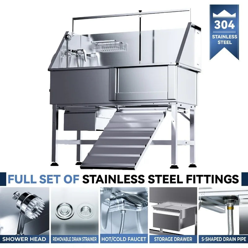 46" Dog Washing Station，Professional Stainless Steel Dog Bathing Station,Dog Grooming Tub with Storage Drawer,Floor Grate，Dog Ba