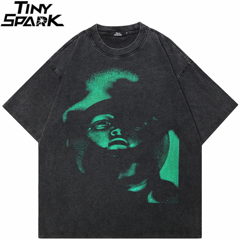 Hip Hop 2025 Streetwear  Washed Black T-Shirt Green Red Graphic Face T Shirt Cotton Men Tshirt Unisex Tops Tees Hipster Dope