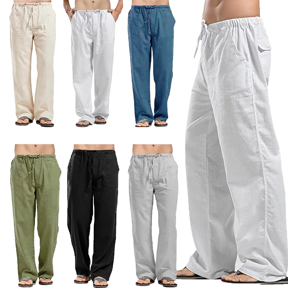 Men's Cotton Linen Pants Summer Solid Color Breathable Linen Trousers Male Casual Elastic Waist Fitness Pants