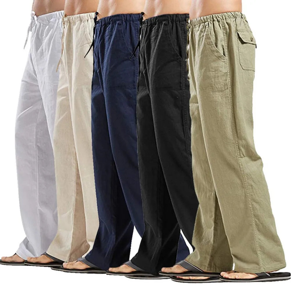 Men's Cotton Linen Pants Summer Solid Color Breathable Linen Trousers Male Casual Elastic Waist Fitness Pants
