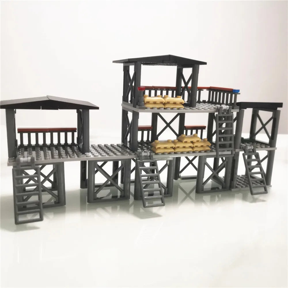 ww2 military outpost Guard tower soldier Weapons base building blocks DIY Creative moc military construction Bricks toys for boy