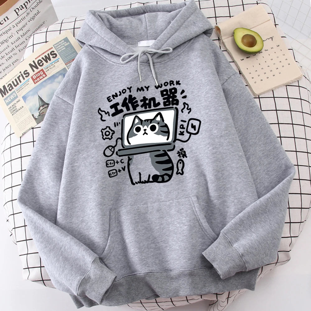 The Cartoon cat is an abstract working machine printed men's hoodie that is comfortable and casual