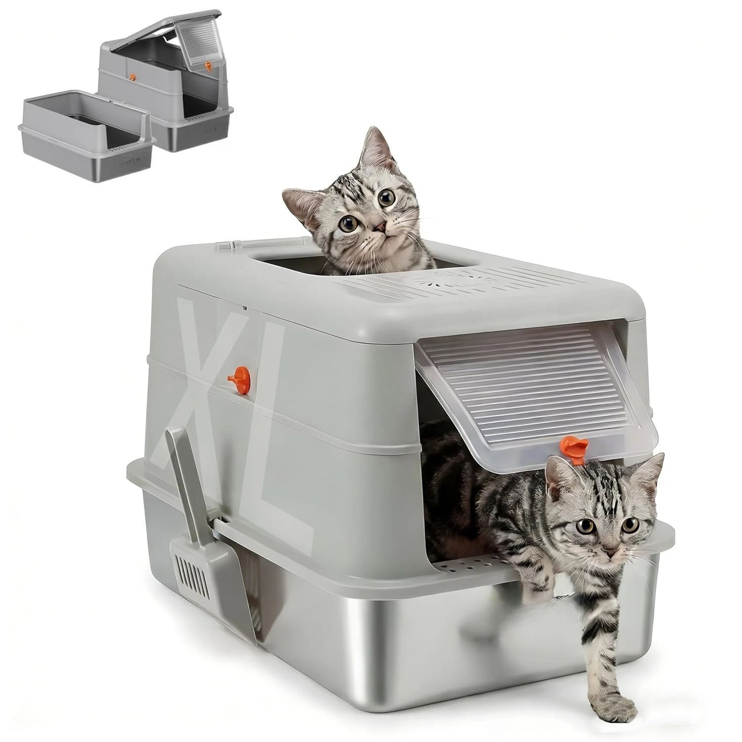 Stainless Steel Cat Litter Box, Enclosed Odor Control Extra Large Metal Litter Box with Lid, 135° Flip-Top Covered, Customized